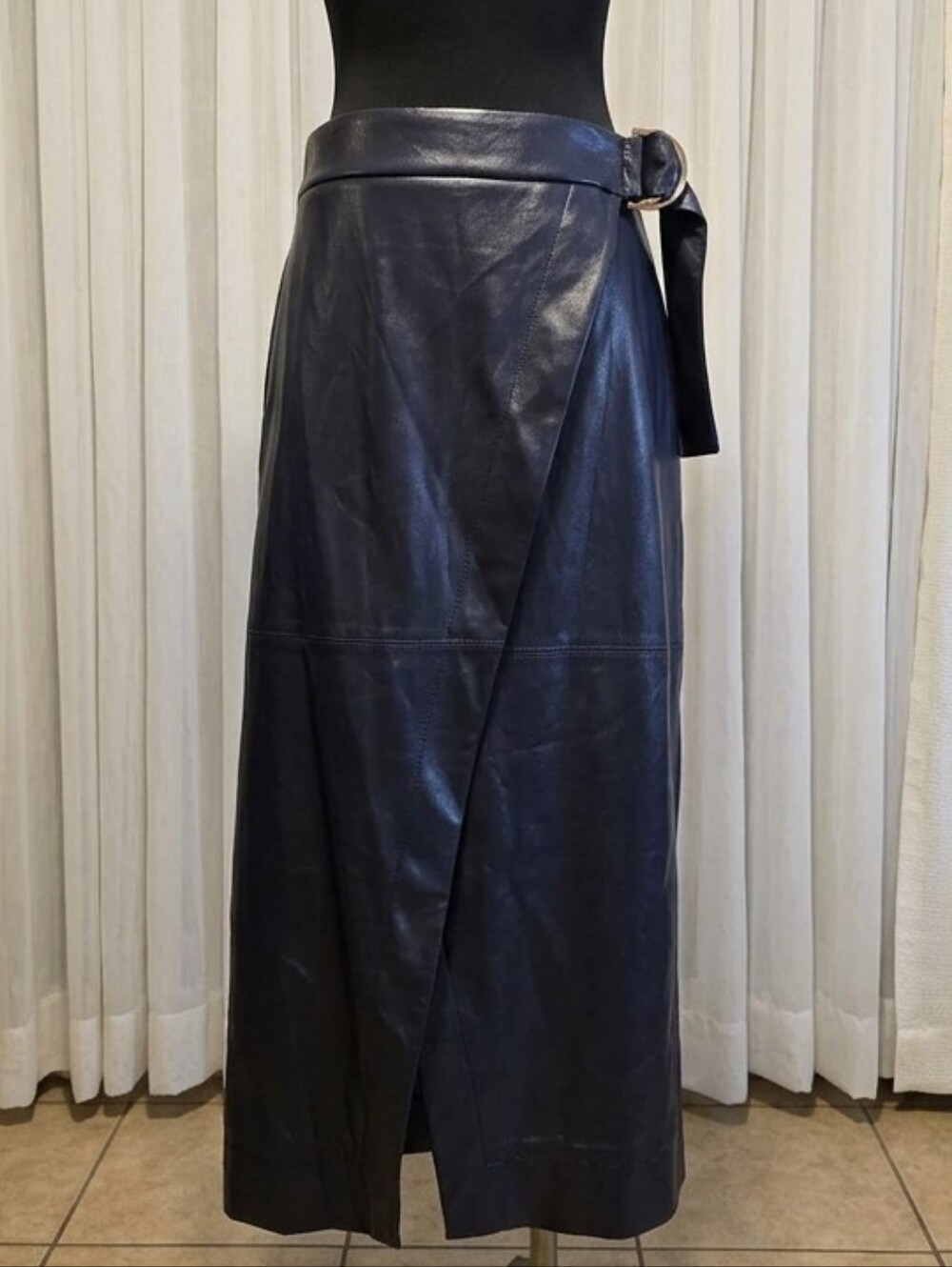 Ted Baker Black Faux-Leather Wrap Midi Skirt with Buckle Detail